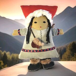Vintage Handmade Folk Art Arctic Native Inuit Eskimo Girl Hugging Pillow OOAK